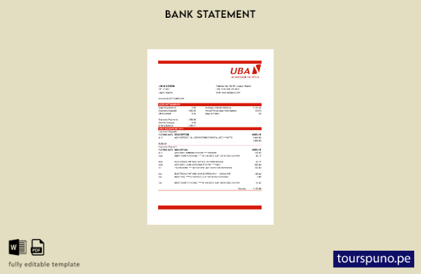 listo para imprimir plantilla de Excel de extracto bancario de Nigeria UBA
